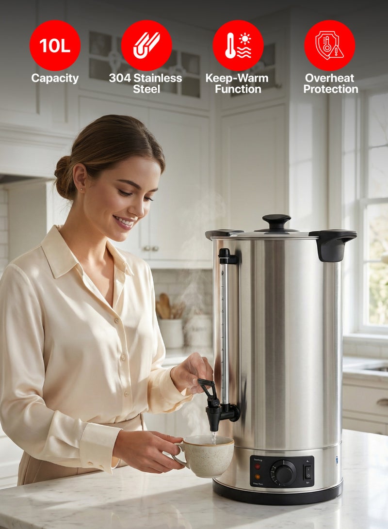 تيم Team 10L Electric Water Boiler, 304 Stainless Steel, Cool‑Touch Lid Handle, Water Gauge, Plastic Tap, Overheat Protection, Concealed Heating, Keep‑Warm & Boil Modes, ON/OFF Switch - Image 3